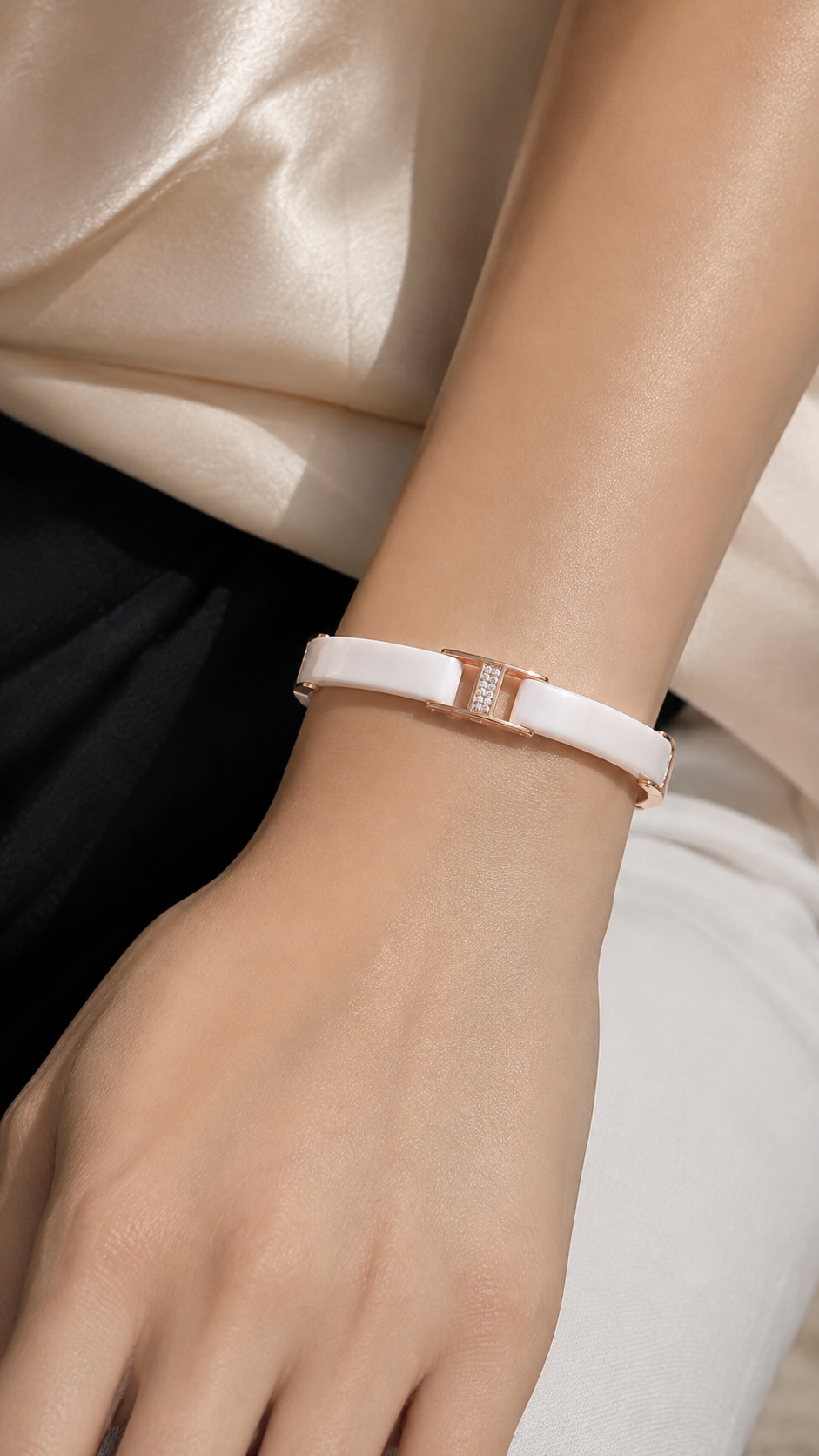 Rose Gold & White Ceramic CZ Bangle Bracelet