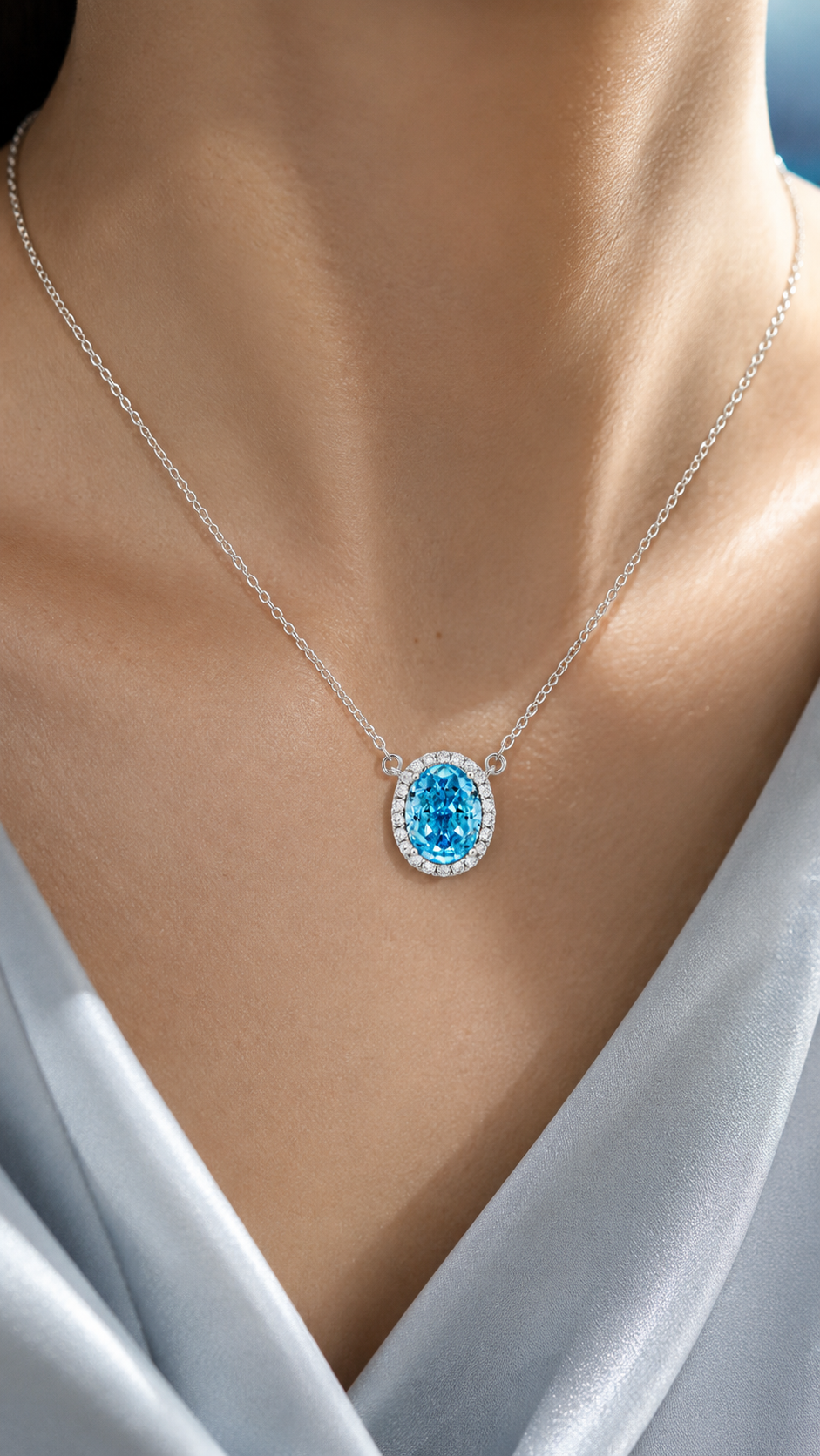 Elegant Silver Oval Blue Halo CZ Pendant Necklace