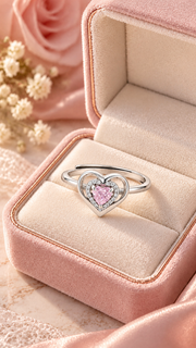Silver Pink CZ Double Heart Adjustable Ring