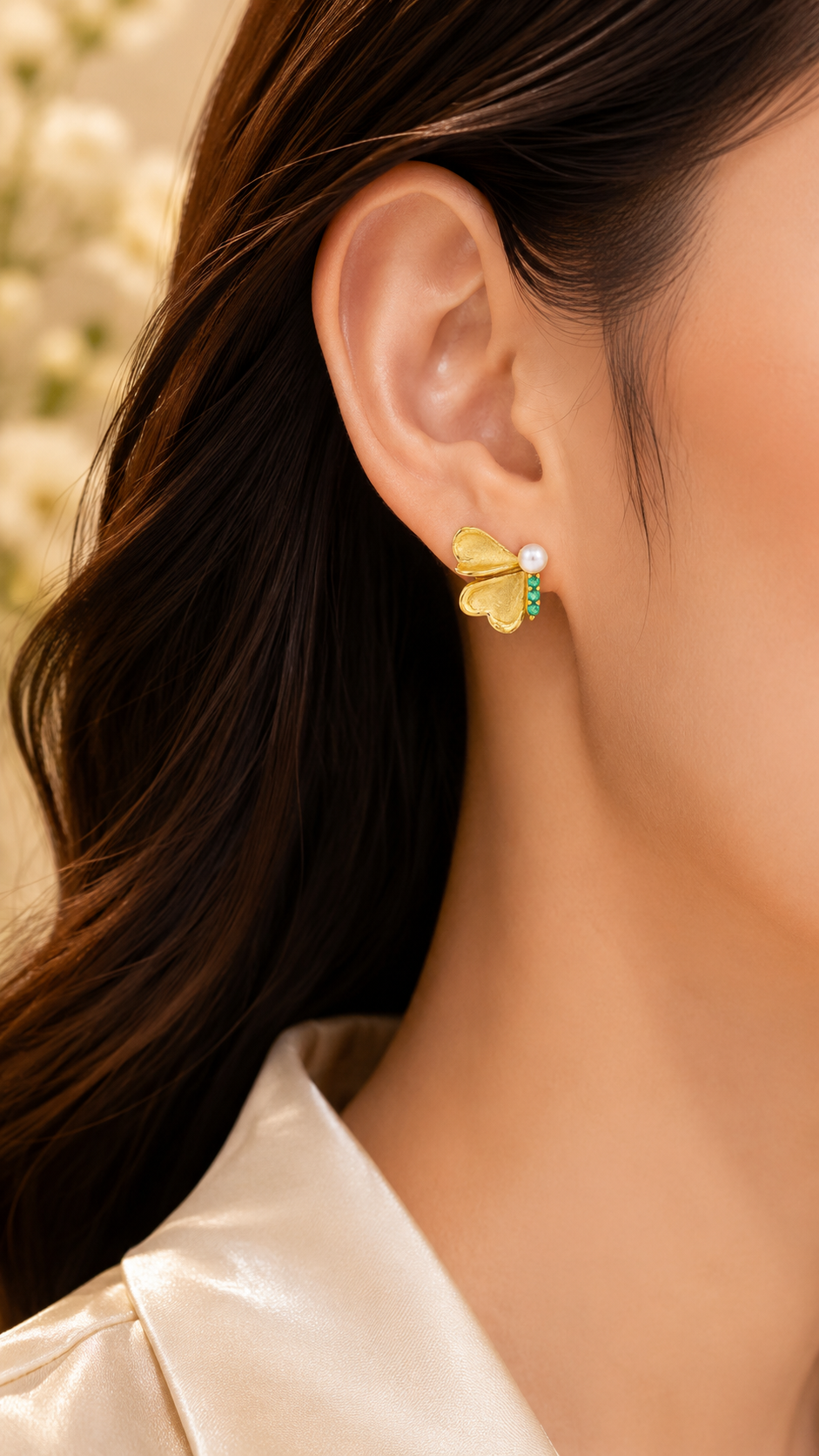 Elegant Gold Pearl & Green CZ Butterfly Stud Earrings