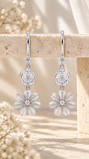 CZ Double Floral Drop Earrings - Aaryahi Silver jewellery product photo