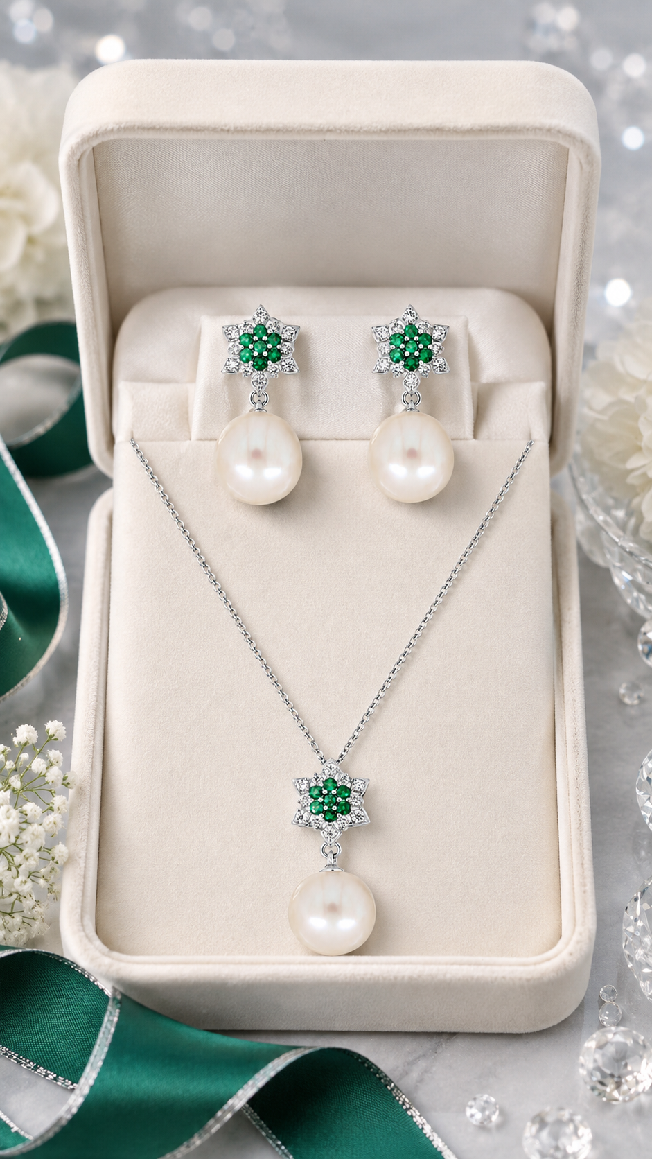 Green Floral Necklace & Earrings Set