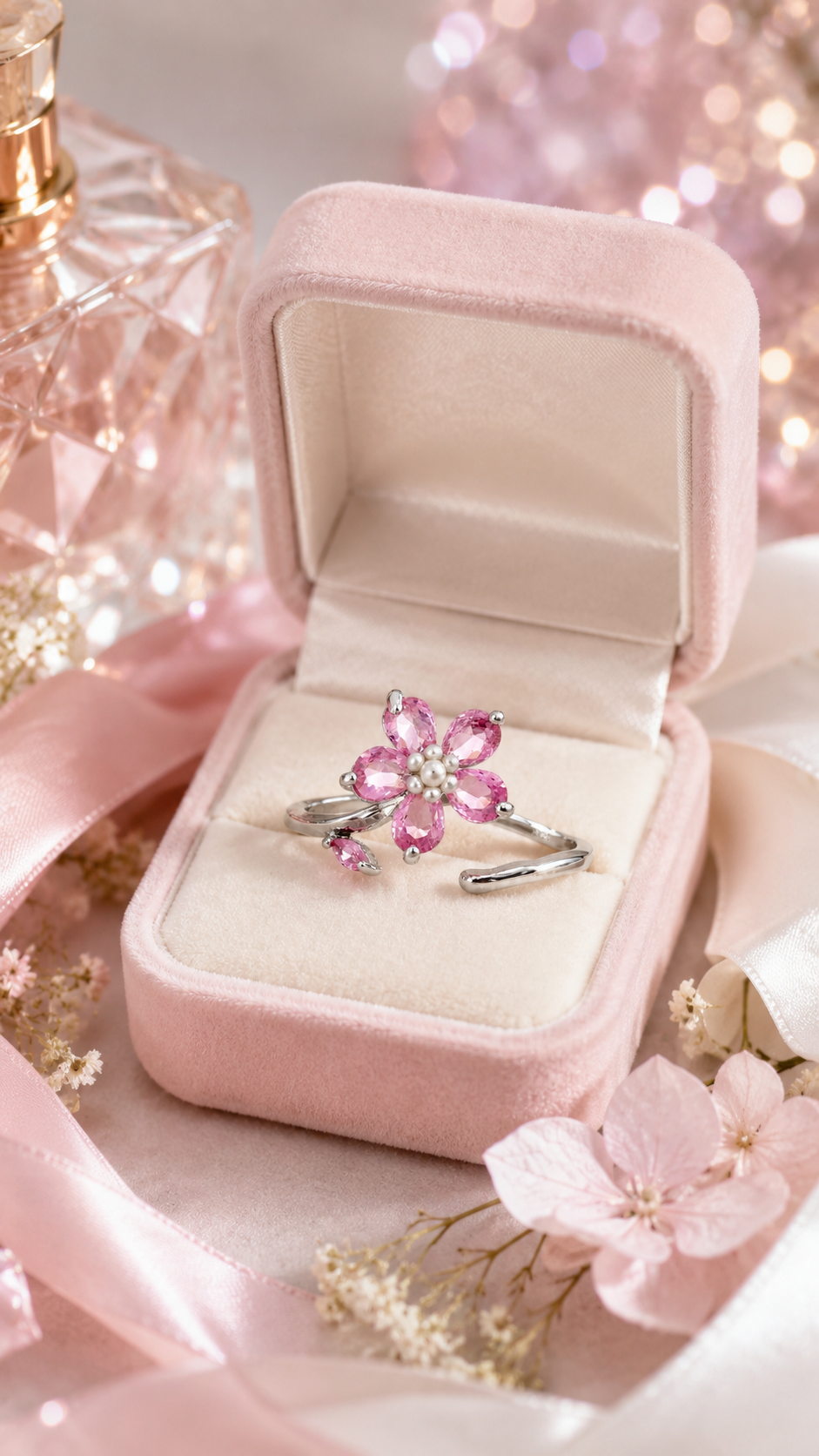 Pink Floral Pear-Cut Adjustable Open Ring