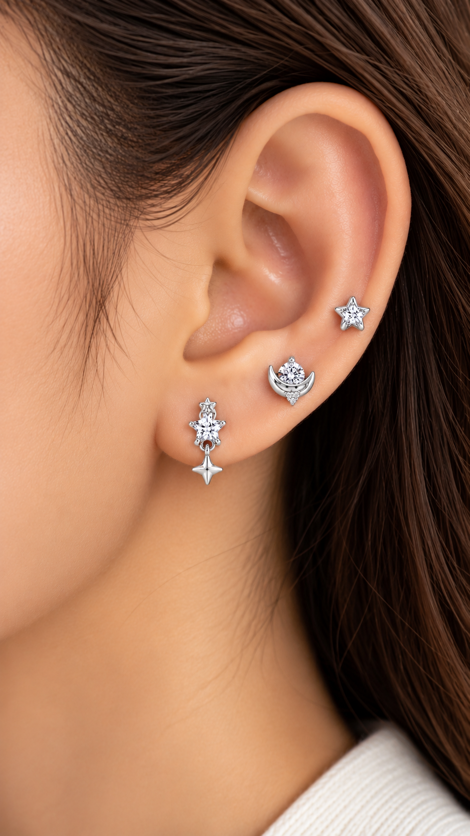 Celestial Star & Moon Stud Earrings Set – 3 Pairs - Aaryahi Silver jewellery product photo