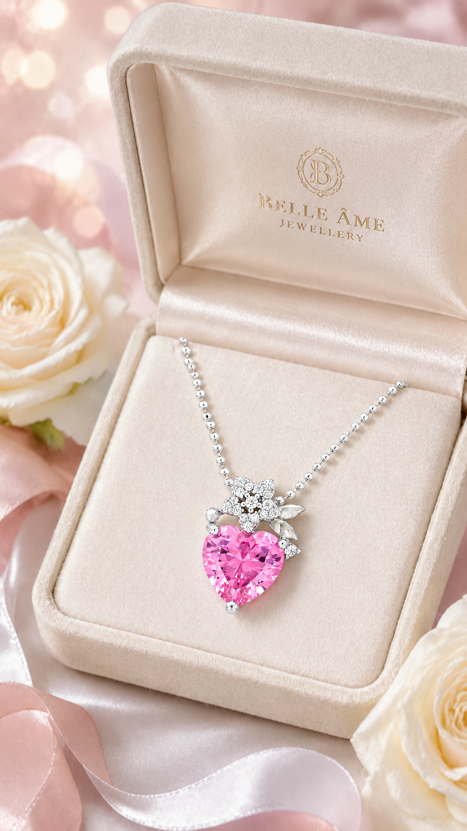 Elegant Silver Pink Heart Floral Pendant Necklace