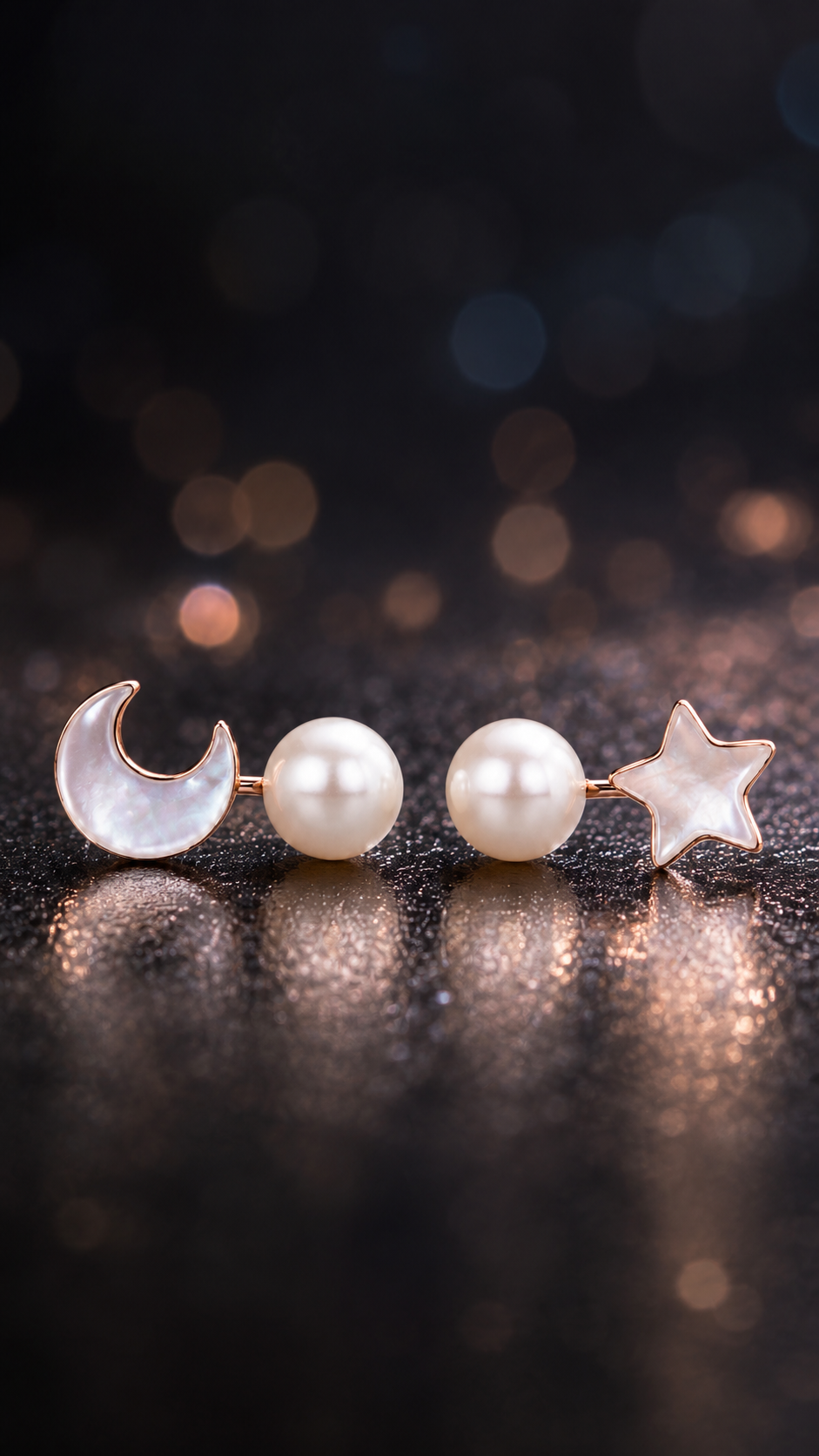 Rose Gold Moon & Star Pearl Stud Earrings