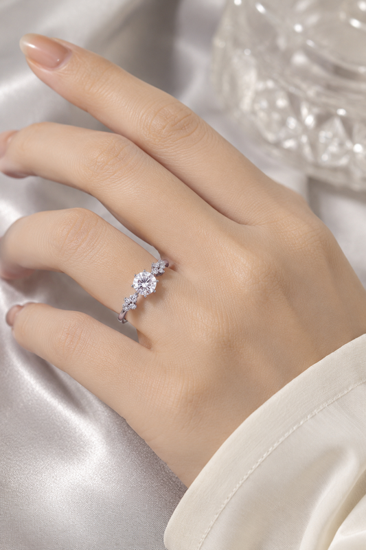 Round Solitaire Floral Adjustable Ring