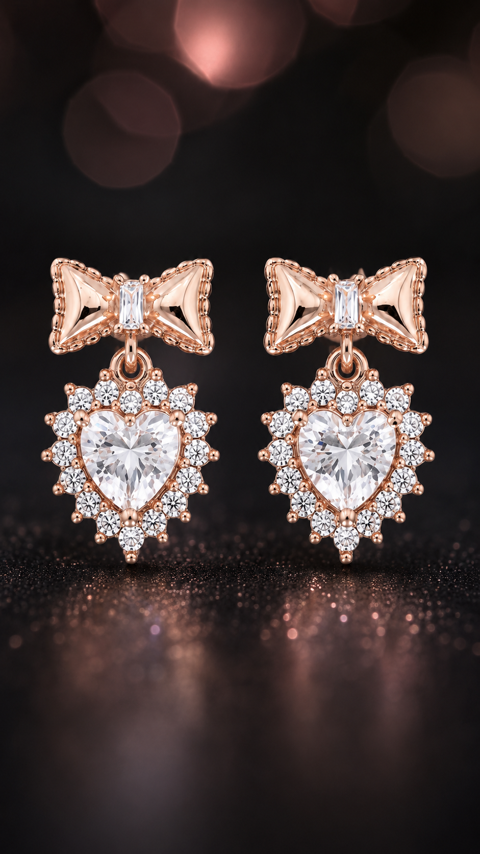Rose Gold Bow Heart Halo CZ Drop Stud Earrings