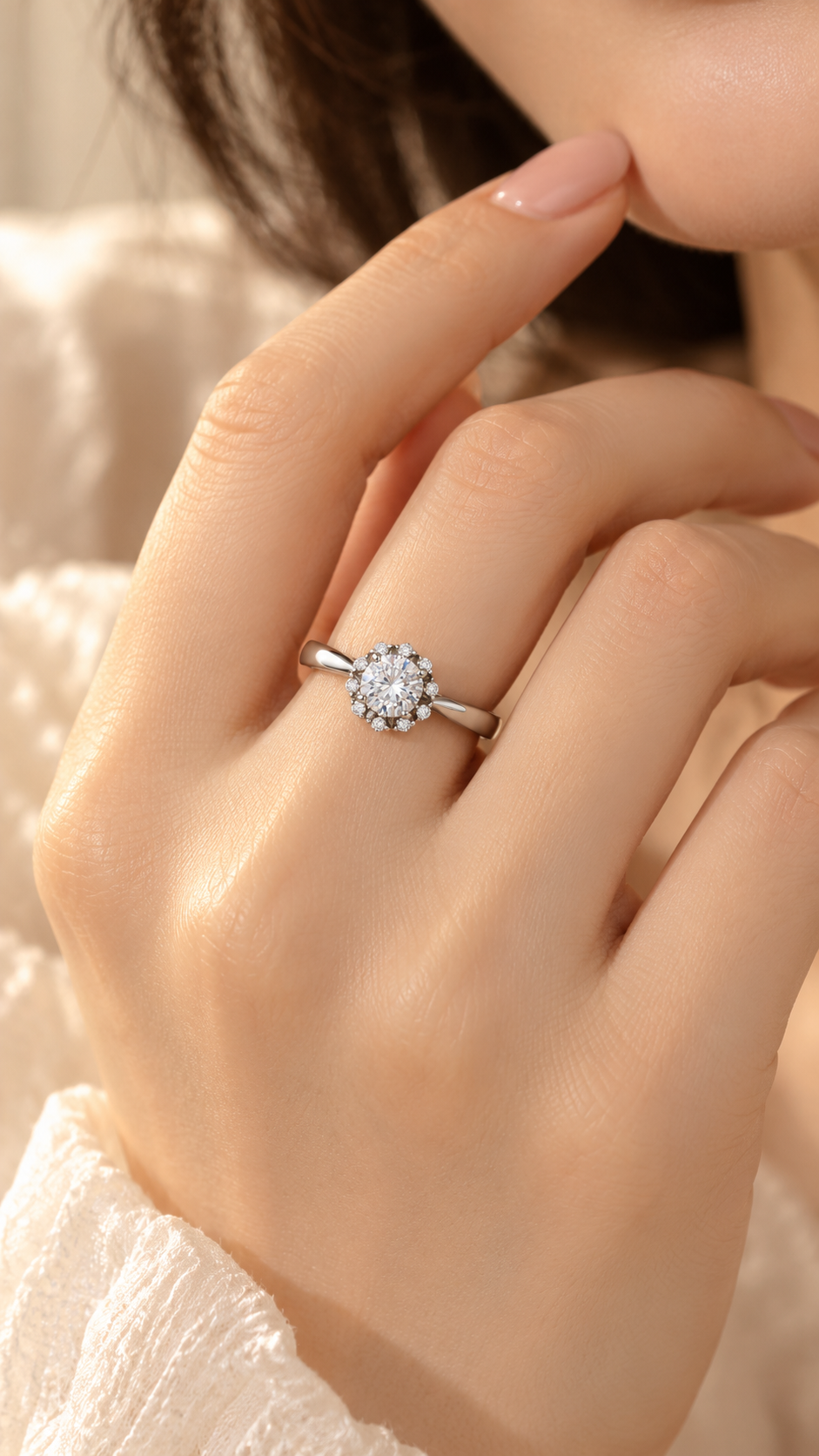 Silver CZ Round Halo Adjustable Ring