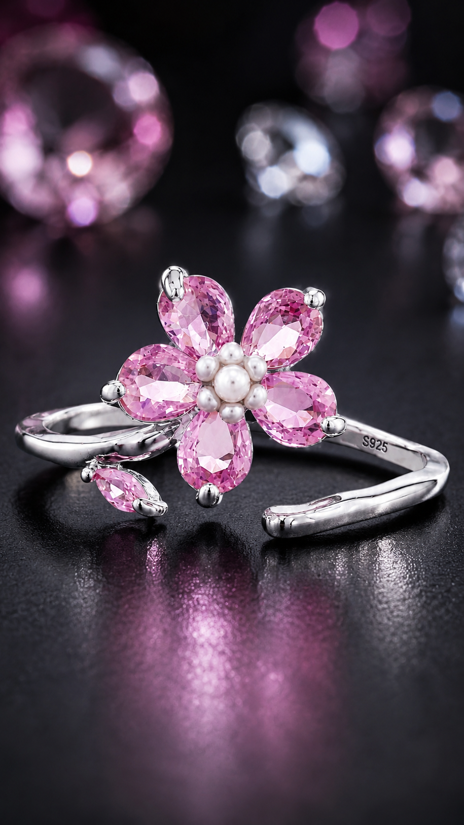 Pink Floral Pear-Cut Adjustable Open Ring