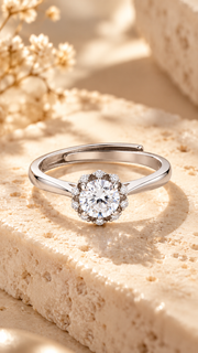 Silver CZ Round Halo Adjustable Ring