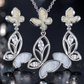 Elegant Silver Mother of Pearl Butterfly Pendant Necklace & Drop Earrings Jewelry Set