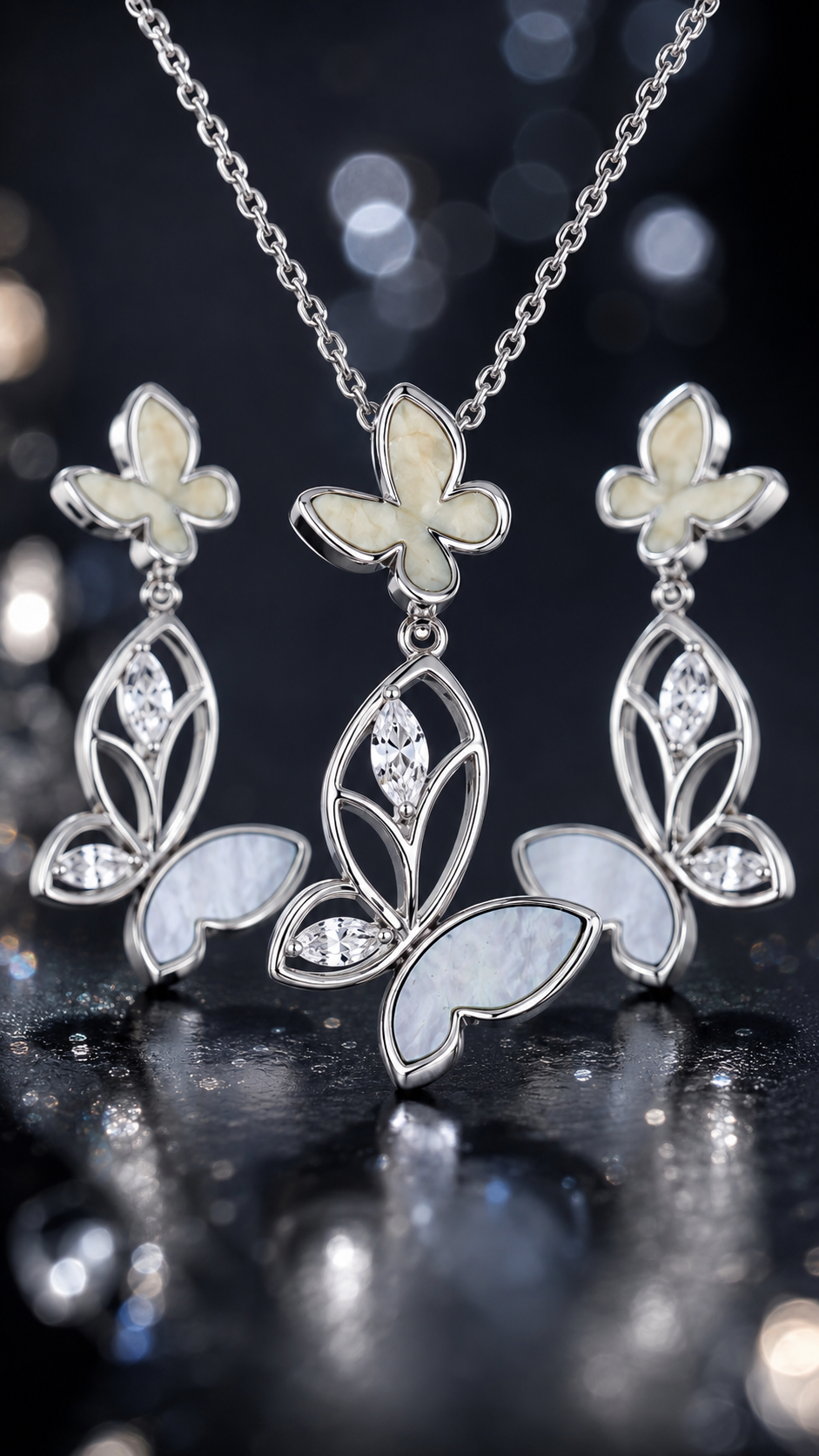 Elegant Silver Mother of Pearl Butterfly Pendant Necklace & Drop Earrings Jewelry Set