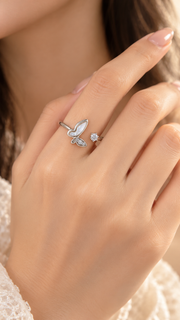 Silver Mother of Pearl Butterfly CZ Adjustable Ring