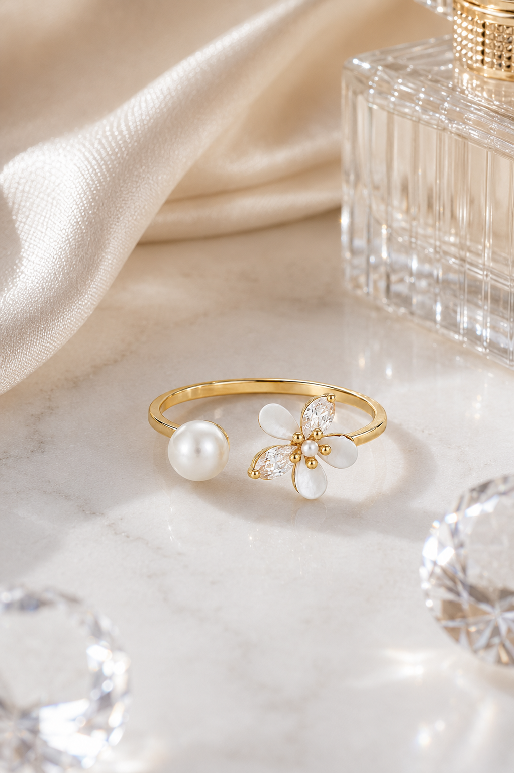 Gold Pearl & Flower Open Adjustable Ring