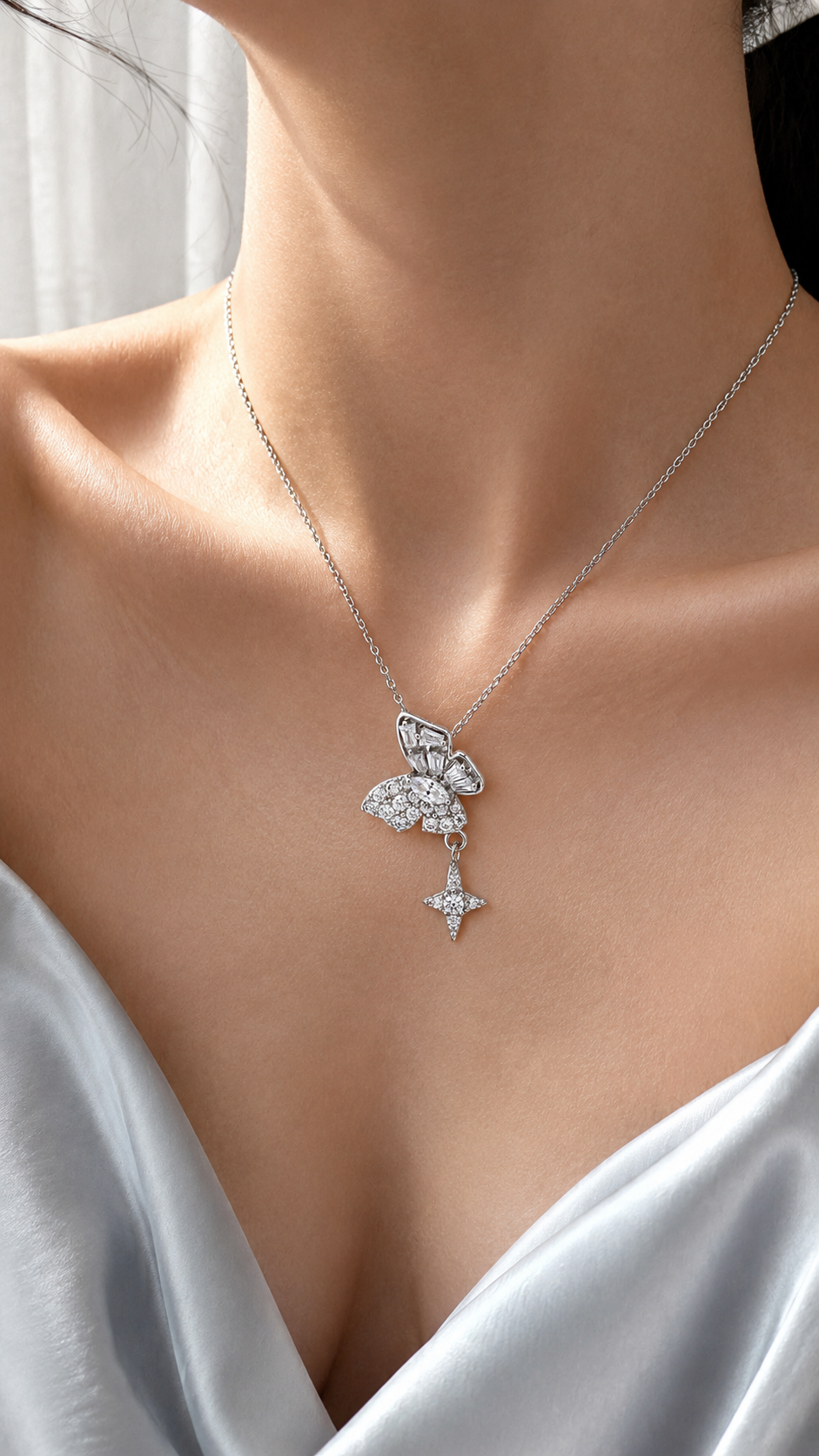 Silver Butterfly Drop Necklace
