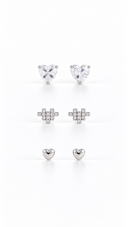 Silver Triple Heart Stud Earrings Set - Aaryahi Silver jewellery product photo