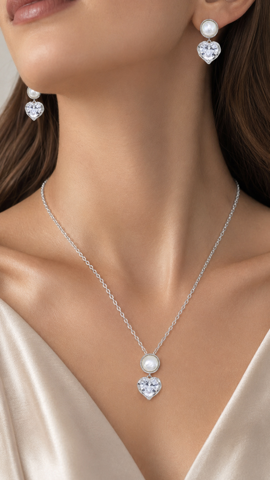 Elegant Silver Mother of Pearl Heart Crystal Pendant Necklace & Earrings Jewelry Set