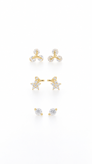 Three Stone, Floral Solitaire Stud Earrings Set - Aaryahi Silver jewellery product photo