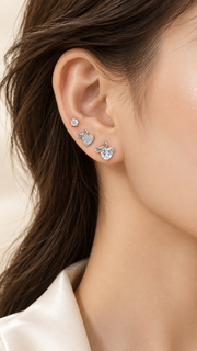 Bow Heart & Solitaire Stud Earrings Set - Aaryahi Silver jewellery product photo