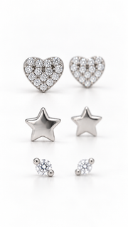 Heart, Star & Solitaire Stud Earrings Set - Aaryahi Silver jewellery product photo