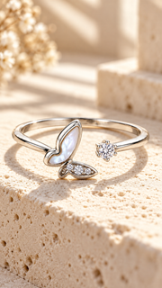 Silver Mother of Pearl Butterfly CZ Adjustable Ring