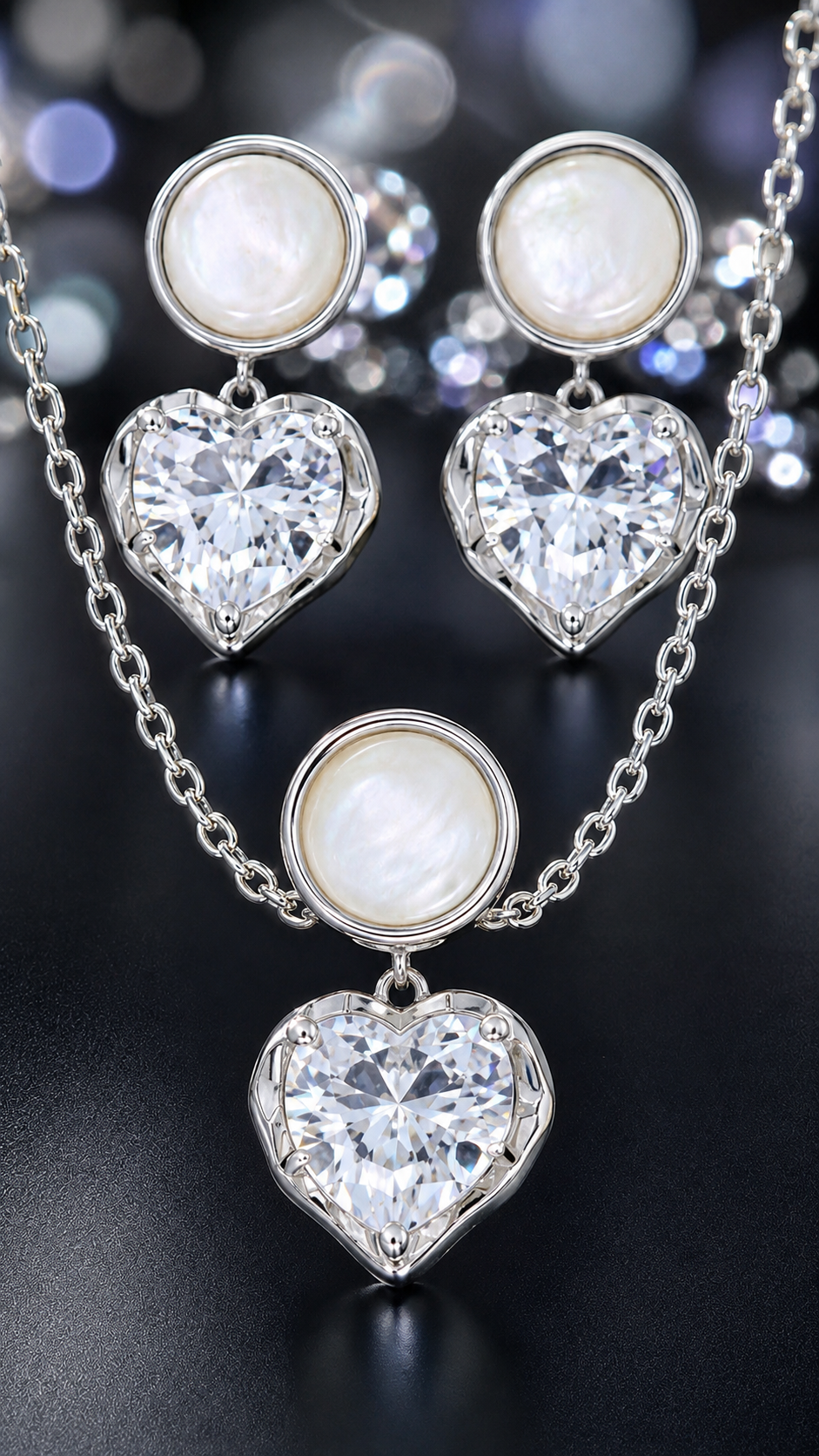 Elegant Silver Mother of Pearl Heart Crystal Pendant Necklace & Earrings Jewelry Set