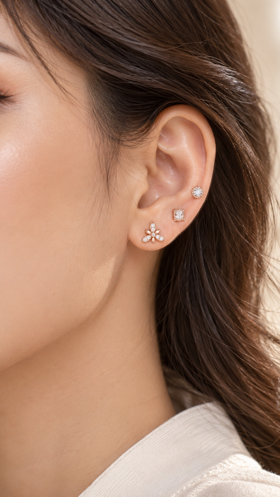 Floral , Square Round Solitaire Stud Earrings Set - Aaryahi Silver jewellery product photo