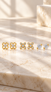 CZ Floral & Solitaire Stud Earrings Set of 3 Pairs - Aaryahi Silver jewellery product photo