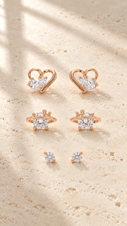 Heart, Crown Planet & Solitaire Stud Earrings Set - Aaryahi Silver jewellery product photo