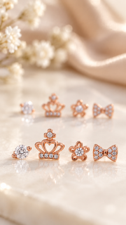 Solitaire, Crown Floral Bow Stud Earrings Set - Aaryahi Silver jewellery product photo