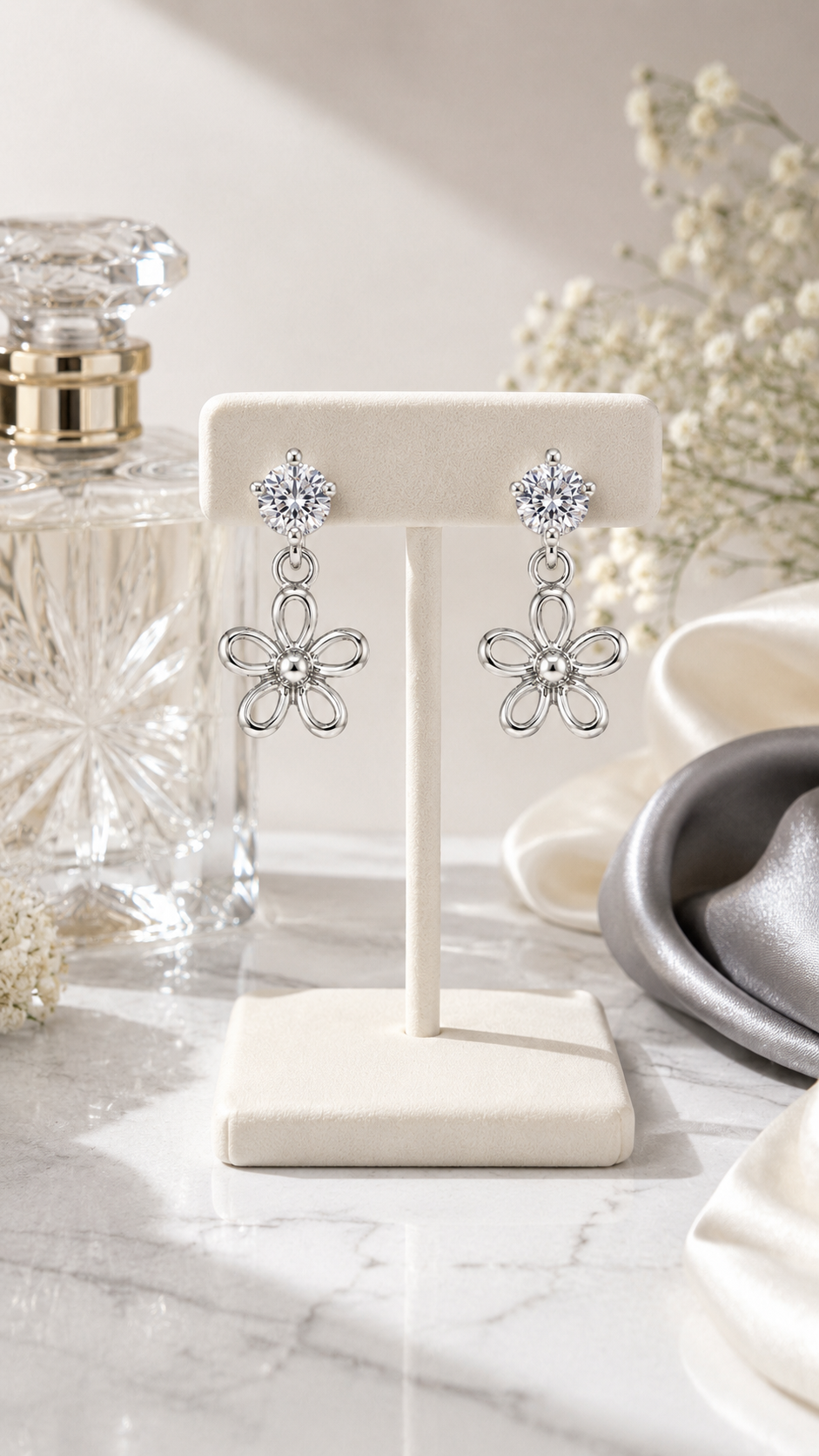 Elegant 925 Sterling Silver Round CZ Open Flower Drop Earrings for Women
