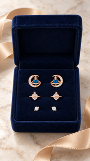 Blue Heart Planet, Heart Saturn & Solitaire Earrings Set - Aaryahi Silver jewellery product photo