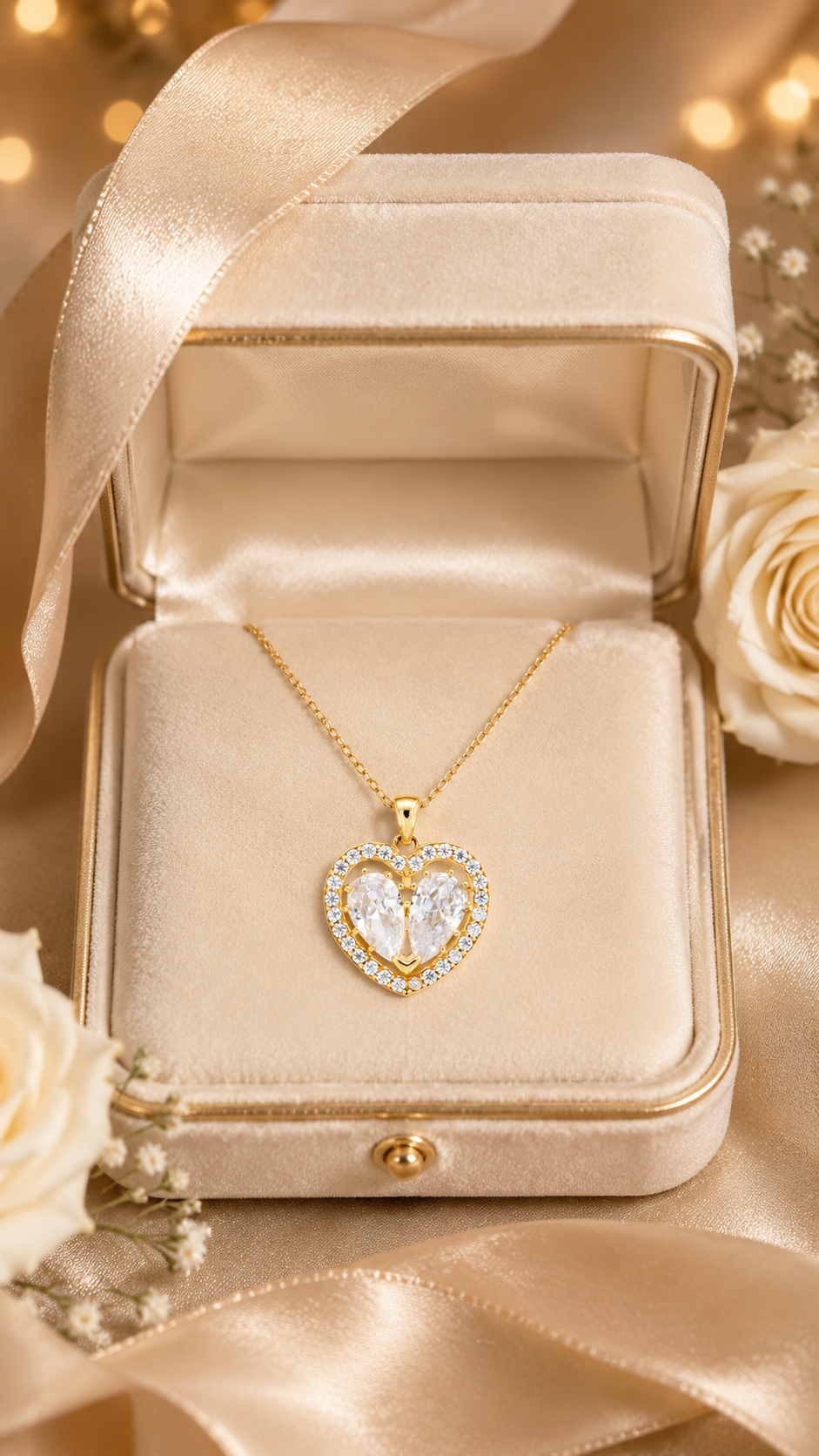 Elegant Gold Twin Heart Halo CZ Pendant Necklace