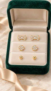 Bow, Round Cluster & Ball Stud Earrings Set - Aaryahi Silver jewellery product photo