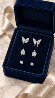 Butterfly, Leaf & Solitaire Stud Earrings Set - Aaryahi Silver jewellery product photo