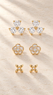 Clover,Flower & Four Petal Floral Earrings Set - Aaryahi Silver jewellery product photo