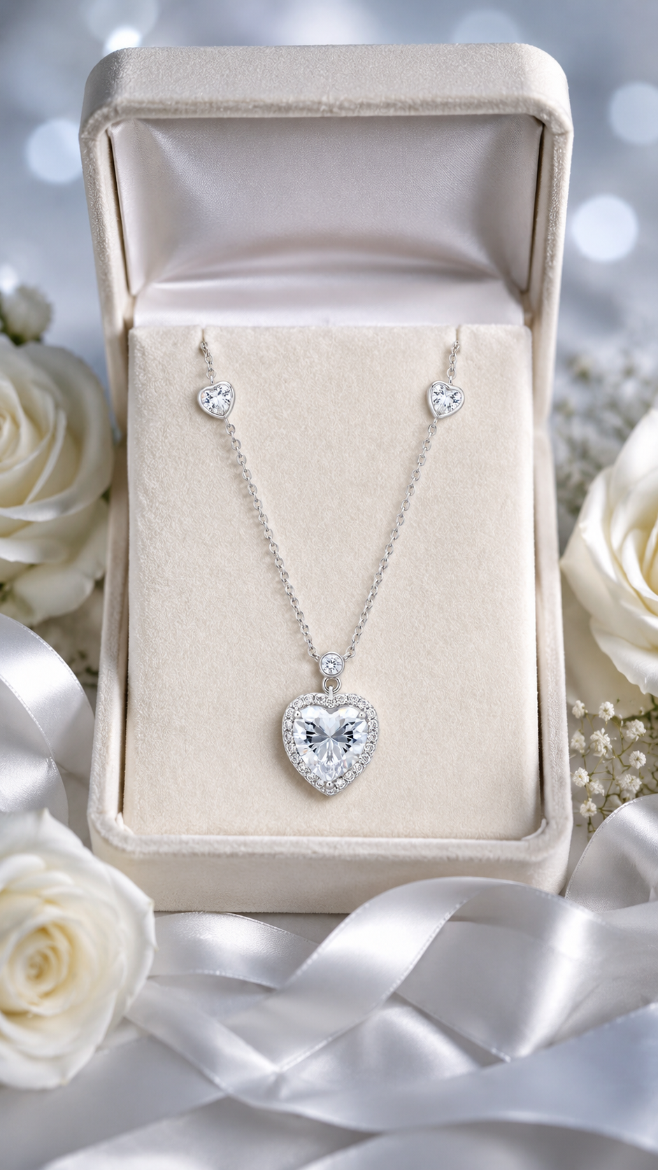 Elegant Silver Heart Halo Pendant Necklace