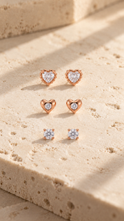 Heart Halo, Heart & Solitaire Stud Earrings Set - Aaryahi Silver jewellery product photo