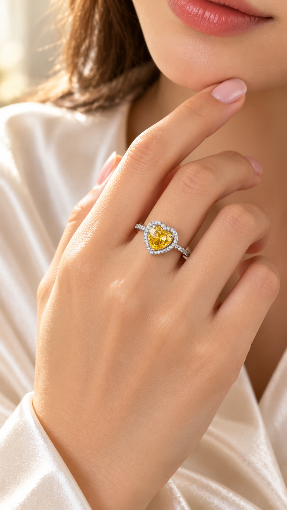 Silver Yellow Heart CZ Halo Ring