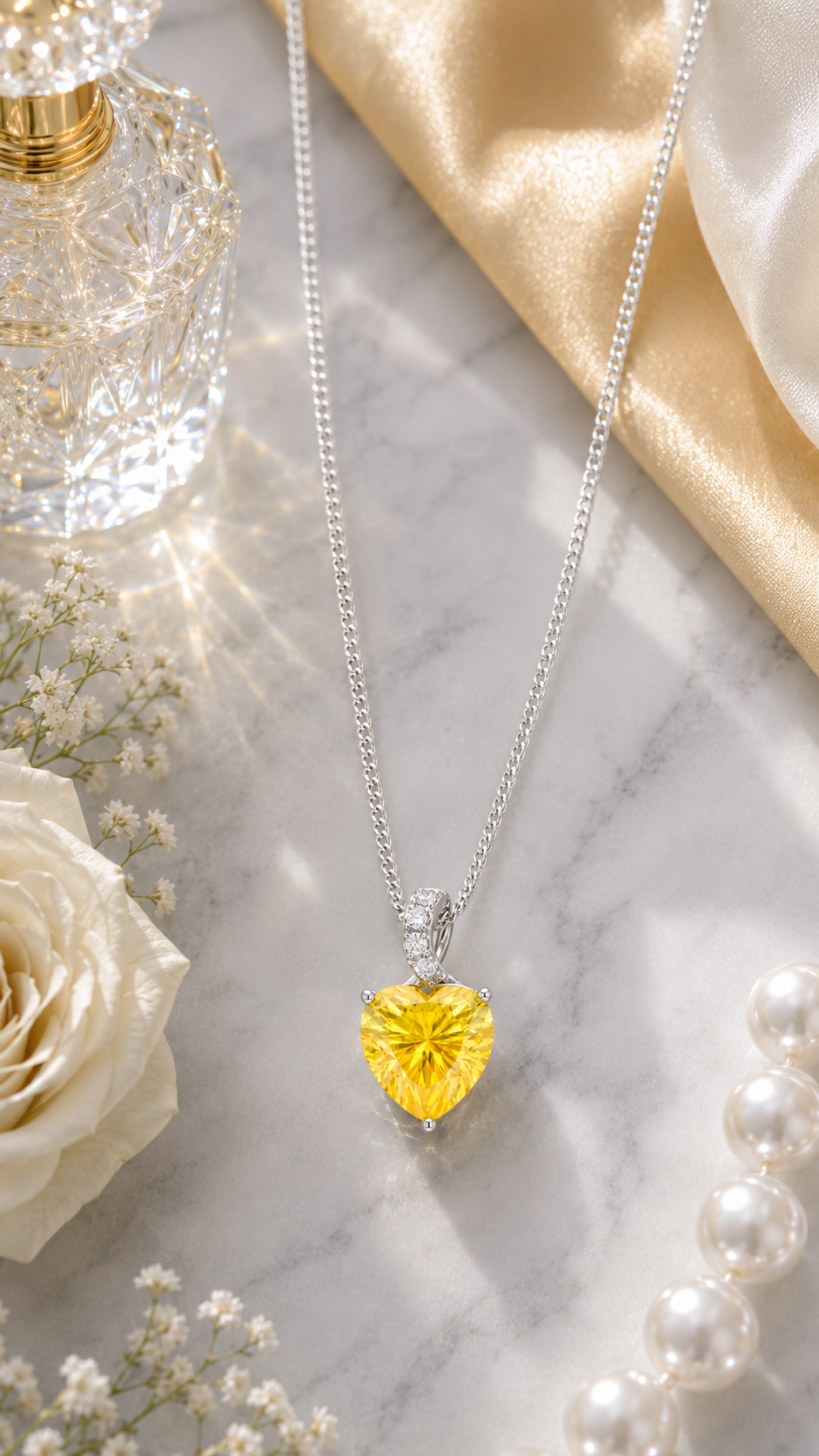 Elegant Silver Yellow Heart Crystal Pendant Necklace