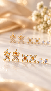 Floral Cluster, Cherry Solitaire Stud Earrings Set - Aaryahi Silver jewellery product photo