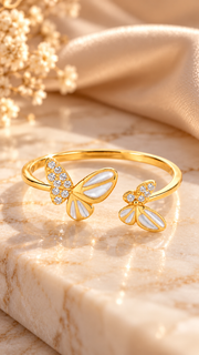 Gold Mother of Pearl CZ Butterfly Adjustable Ring