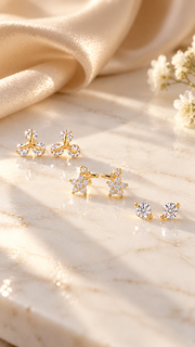 Three Stone, Floral Solitaire Stud Earrings Set - Aaryahi Silver jewellery product photo