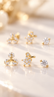 Three Stone, Floral Solitaire Stud Earrings Set - Aaryahi Silver jewellery product photo