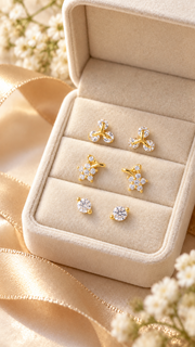 Three Stone, Floral Solitaire Stud Earrings Set - Aaryahi Silver jewellery product photo
