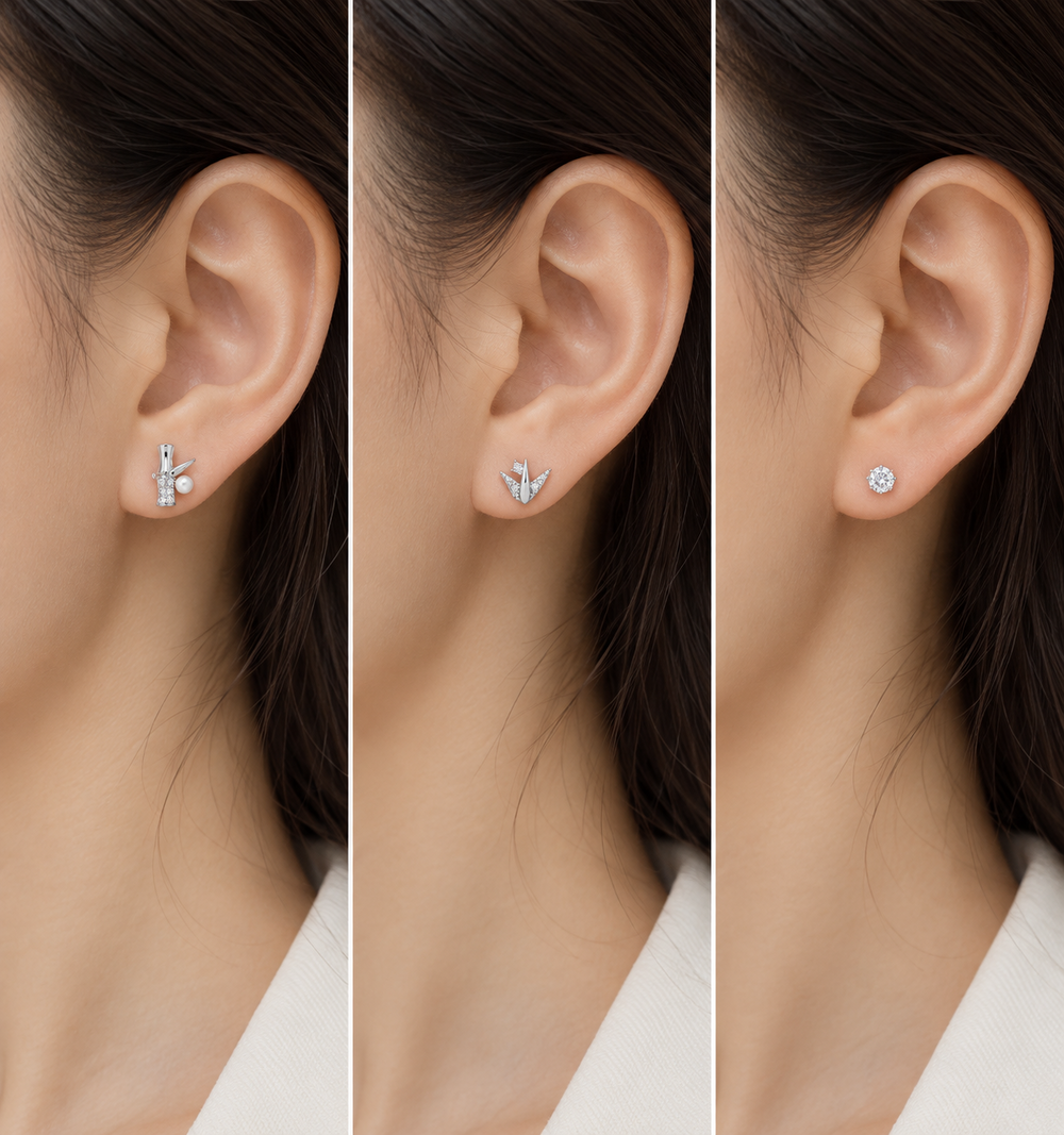 Bamboo Pearl, Origami Bird Solitaire Earrings Set - Aaryahi Silver jewellery product photo