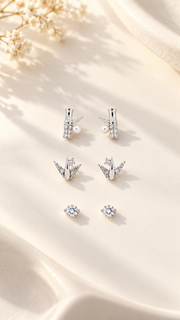 Bamboo Pearl, Origami Bird Solitaire Earrings Set - Aaryahi Silver jewellery product photo