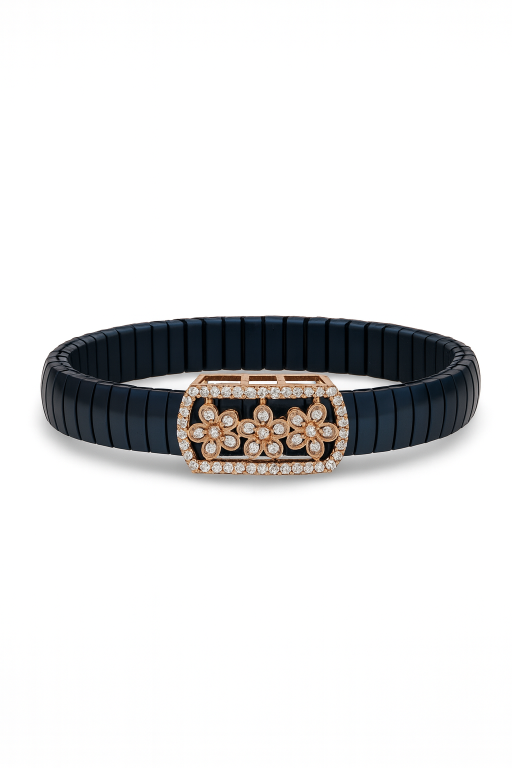 Luxury Floral Gents Bracelet Black & Rose Gold with Diamond Look Flower Panel