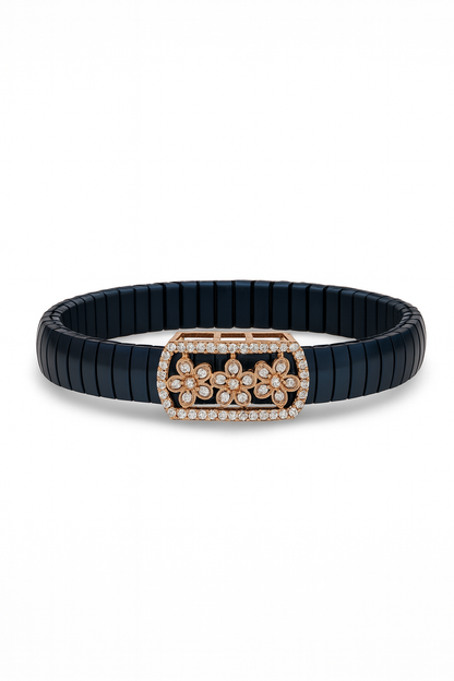 Luxury Floral Gents Bracelet Black & Rose Gold with Diamond Look Flower Panel